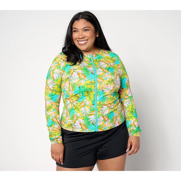 Kim Gravel x Swimsuits For All Zip Front Swim Cardigan Size 8 Caribbean Palms - Picture 1 of 9